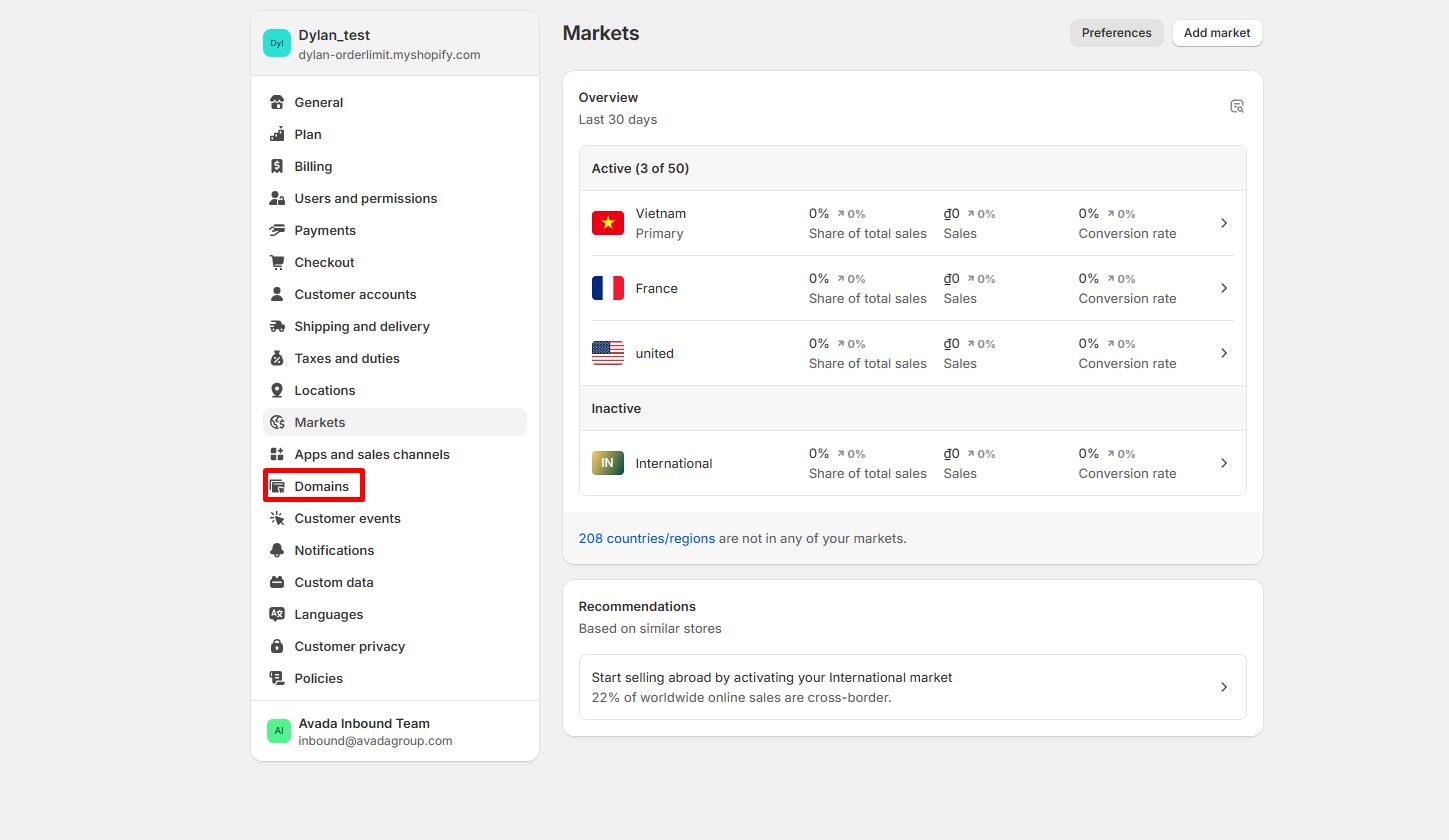 In your Shopify admin, click Settings, then click Domains